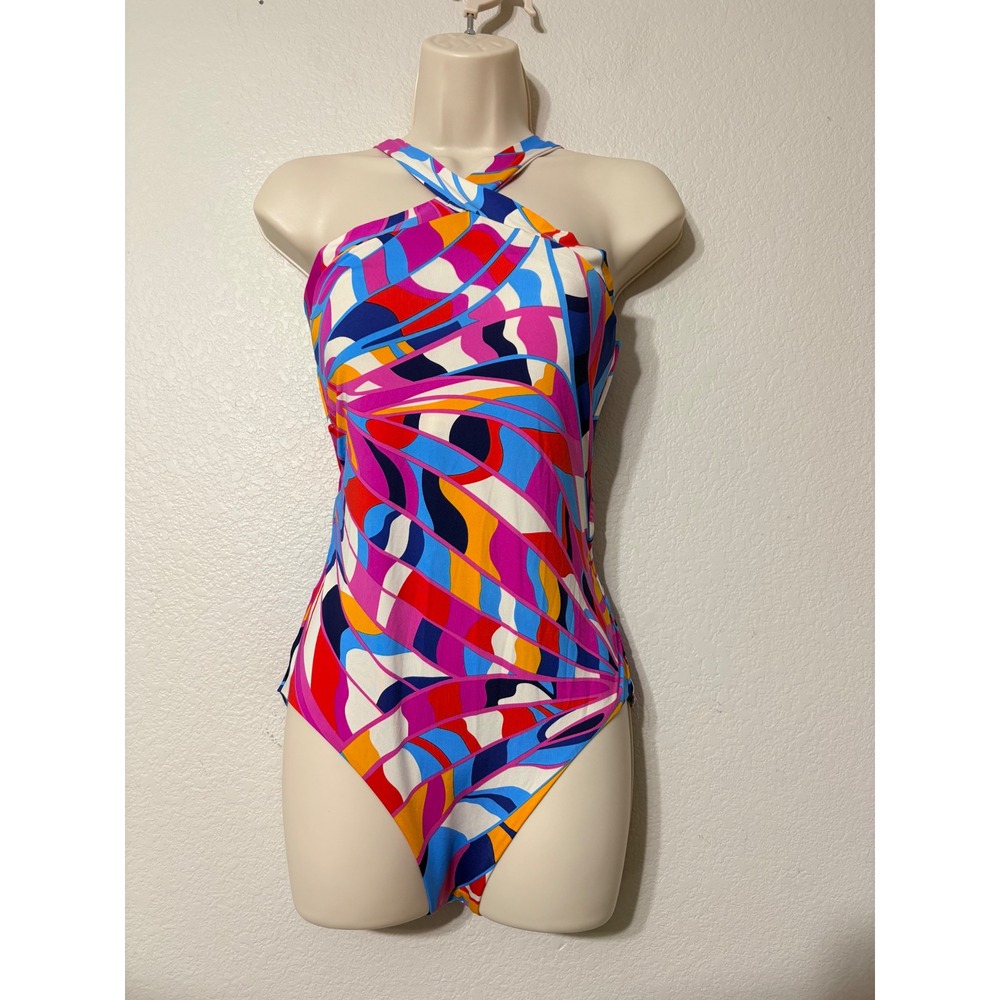 Trina Turk Rio Reversible Halter One Piece Swimsuit Blue Pink Geometric Size 6